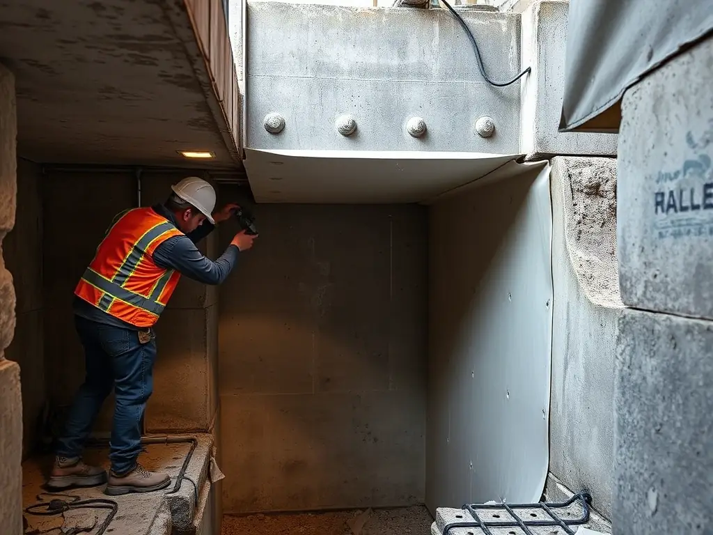 A complex below-ground structure, such as a basement or lift pit, being waterproofed. The image should convey a sense of technical expertise and problem-solving.