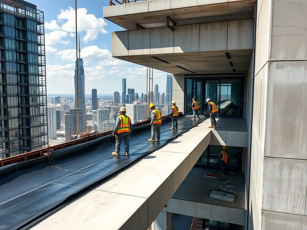 A newly constructed high-rise building with workers applying waterproofing membrane to the balcony. The image should convey a sense of scale and professionalism.
