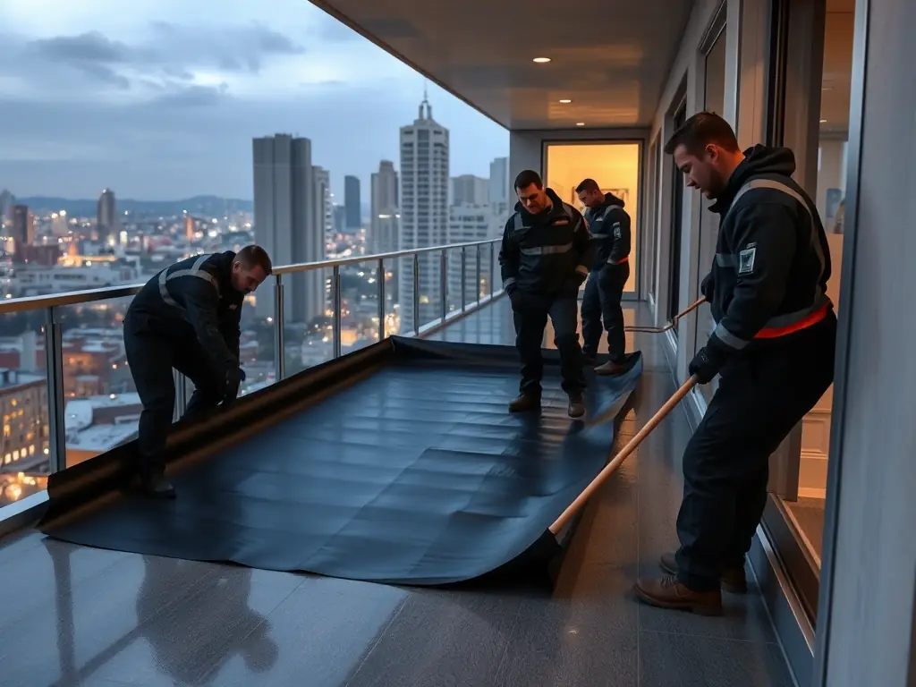 An image of Enviro Aqua Shield team working on a commercial building's balcony, applying waterproofing membrane with precision and care.