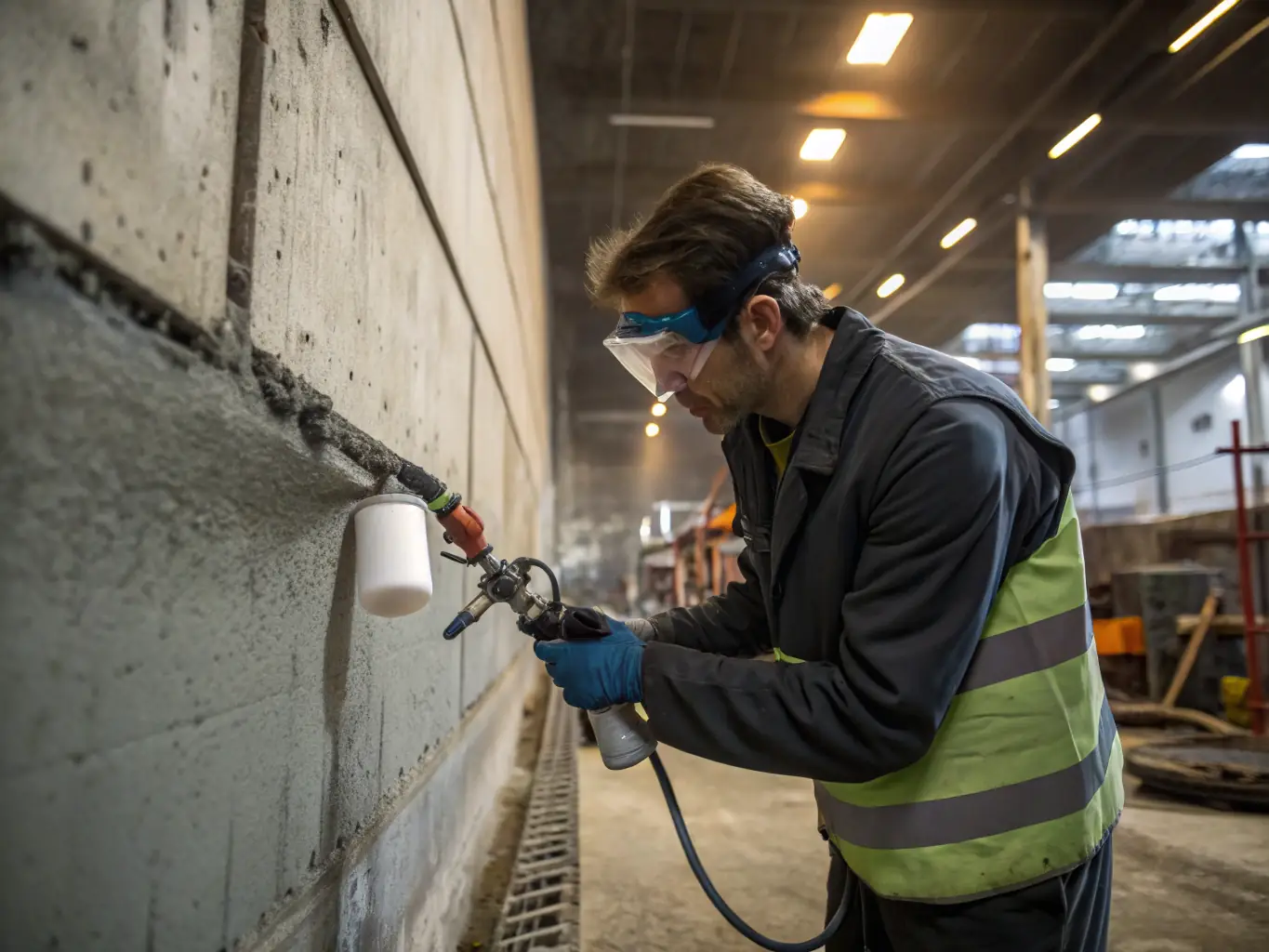 A photograph of a retaining wall being waterproofed, showing the application of a protective coating to prevent water penetration and structural damage from soil and water pressure.