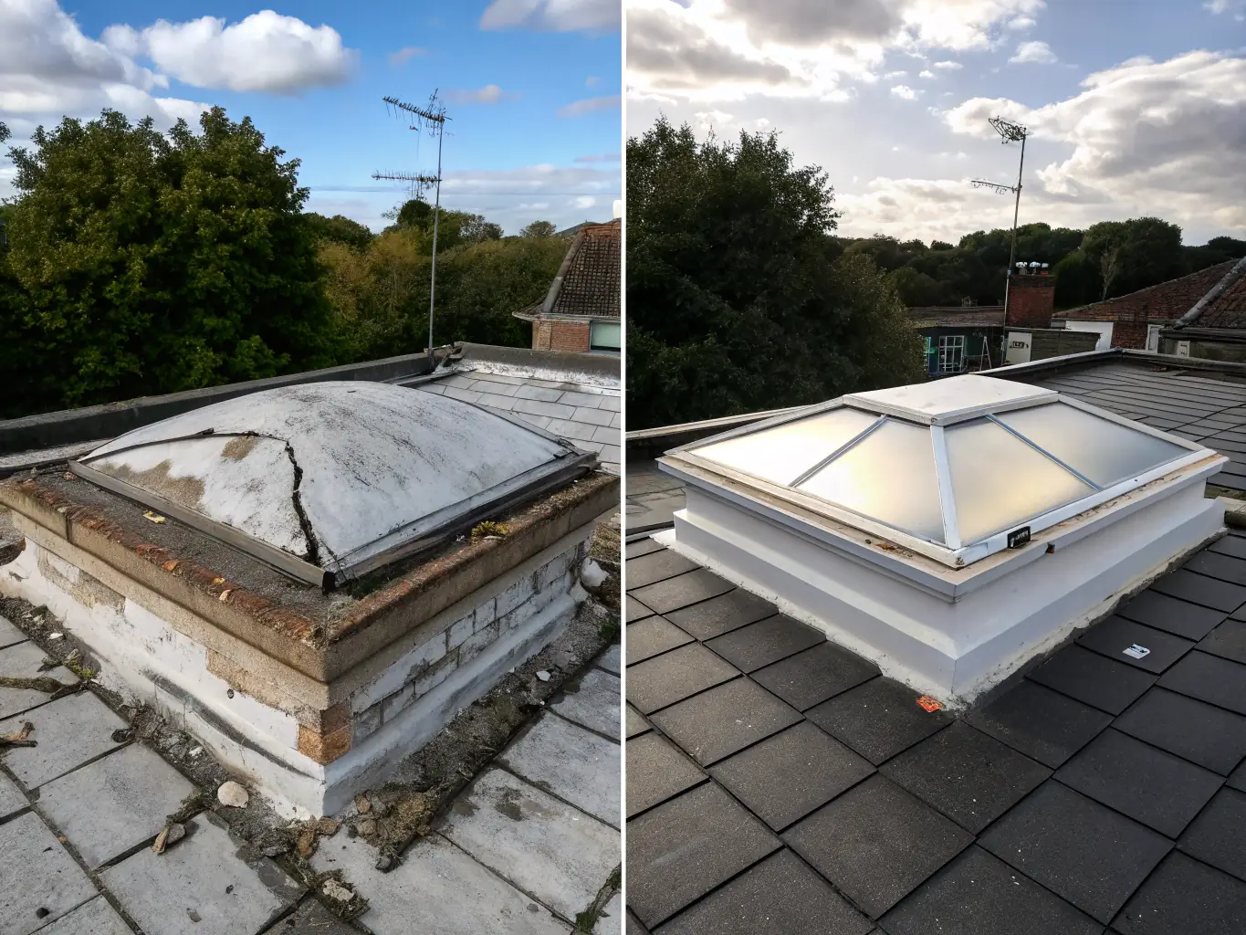 An image showing a before-and-after of a membrane restoration project on a commercial rooftop. The 'before' side shows a deteriorated membrane, while the 'after' side shows a newly restored, seamless waterproofing membrane.