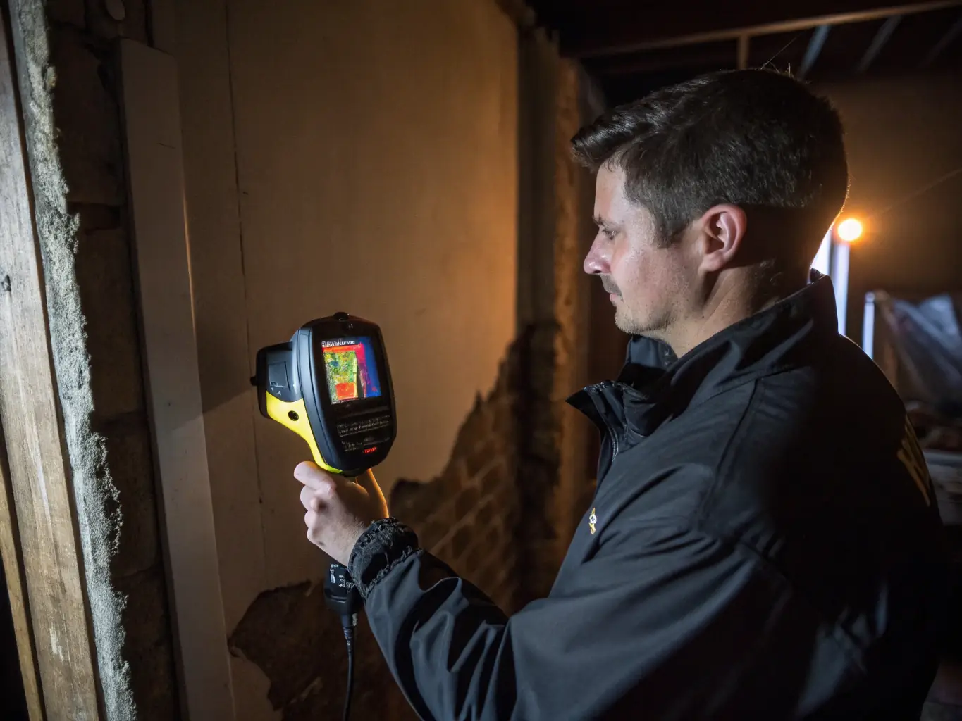 A technician using thermal imaging equipment to detect a hidden water leak behind a tiled wall in a bathroom. The image highlights the temperature difference indicating moisture.