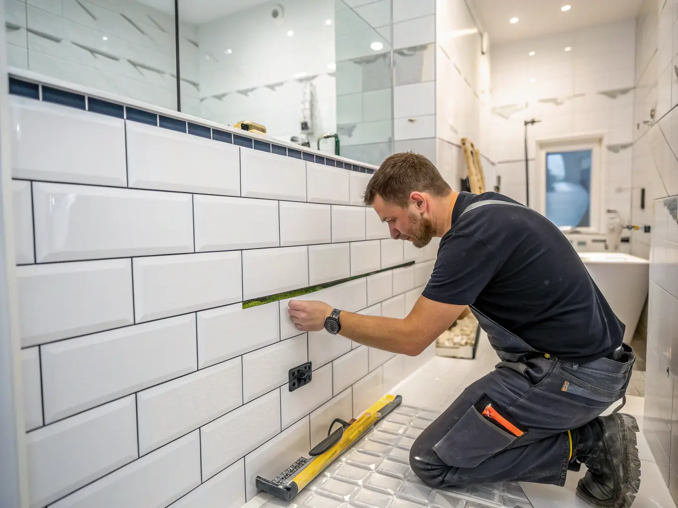 A renovated bathroom with a worker applying waterproofing membrane to the shower area. The image should convey a sense of precision and attention to detail.