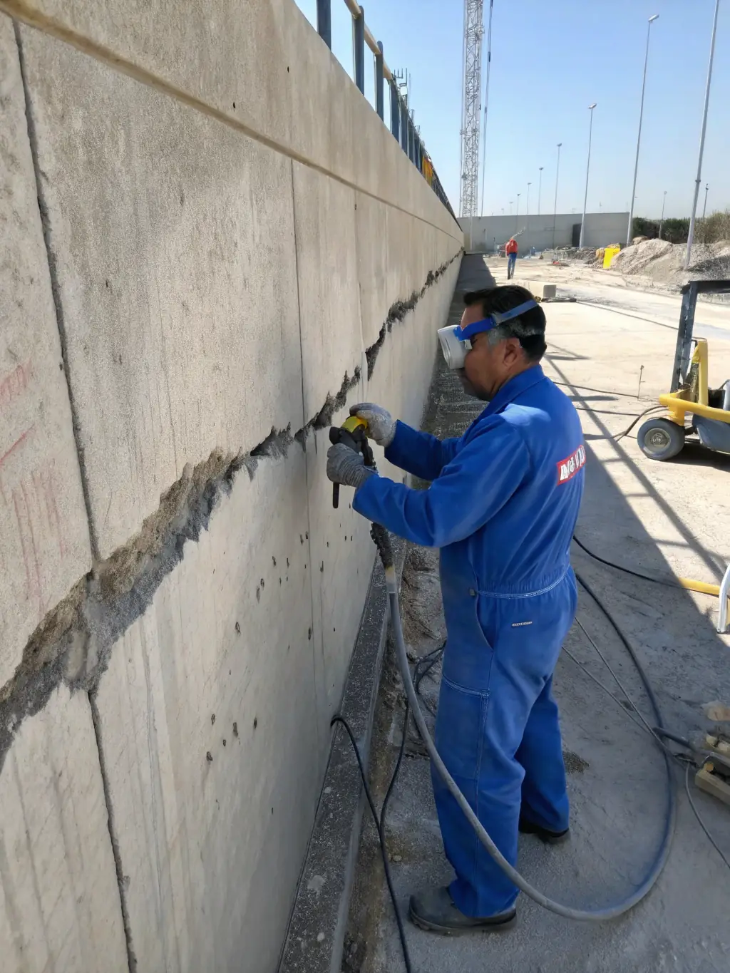 A close-up image of a technician injecting epoxy into a concrete crack in a basement wall, demonstrating Enviro Aqua Shield's crack injection service.
