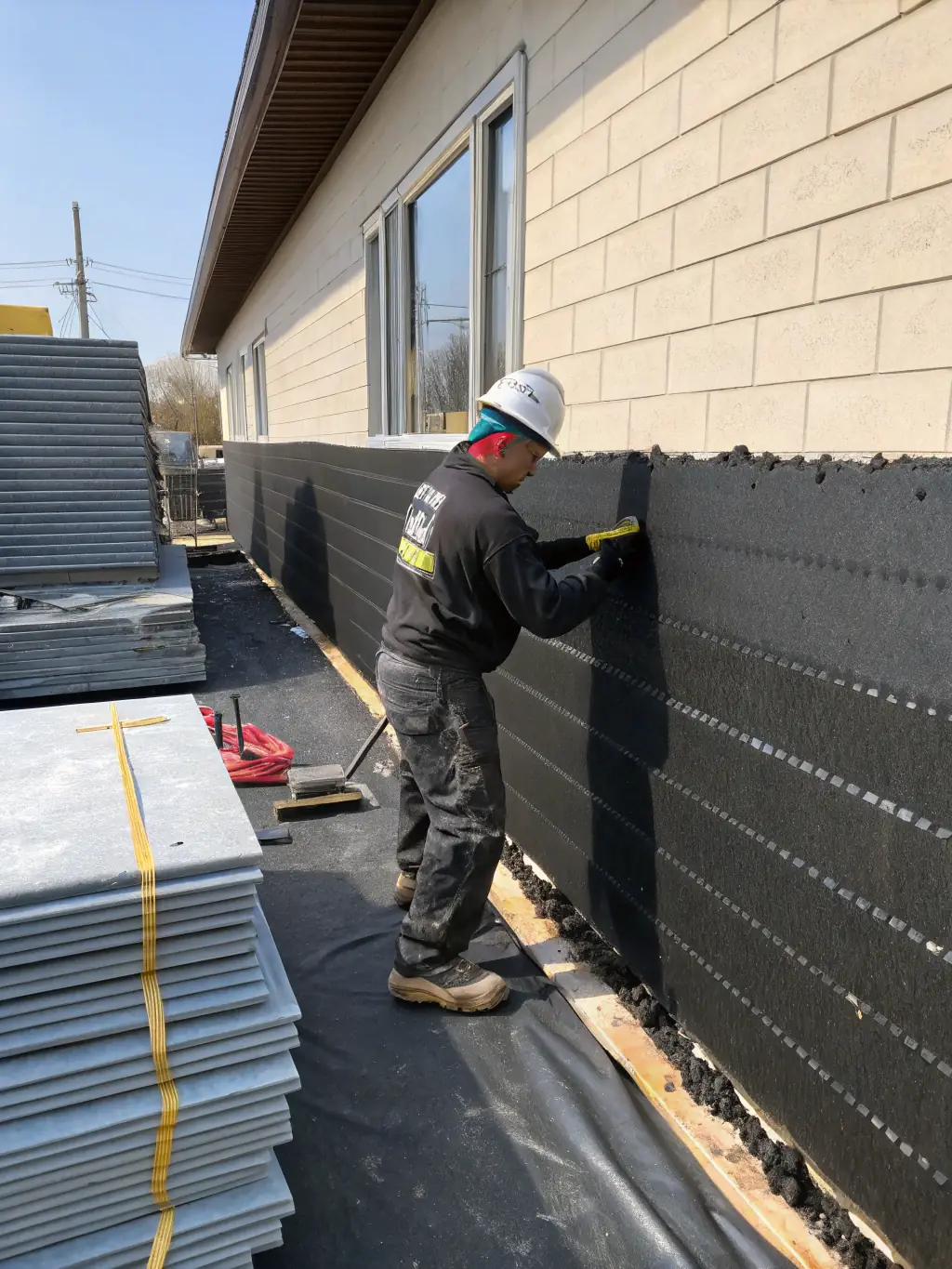 A modern commercial building under construction, highlighting the application of waterproofing to the foundation and external walls. The image should emphasize the scale and complexity of the project.