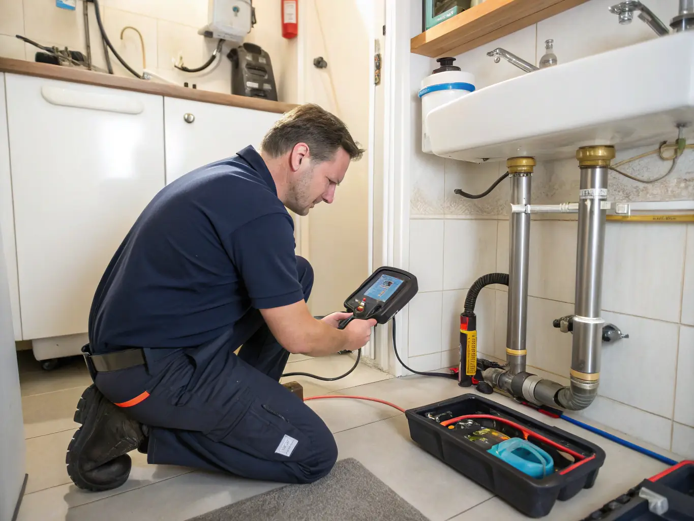 A close-up shot of Enviro Aqua Shield's team using advanced leak detection equipment to identify the source of a water leak in a residential property.