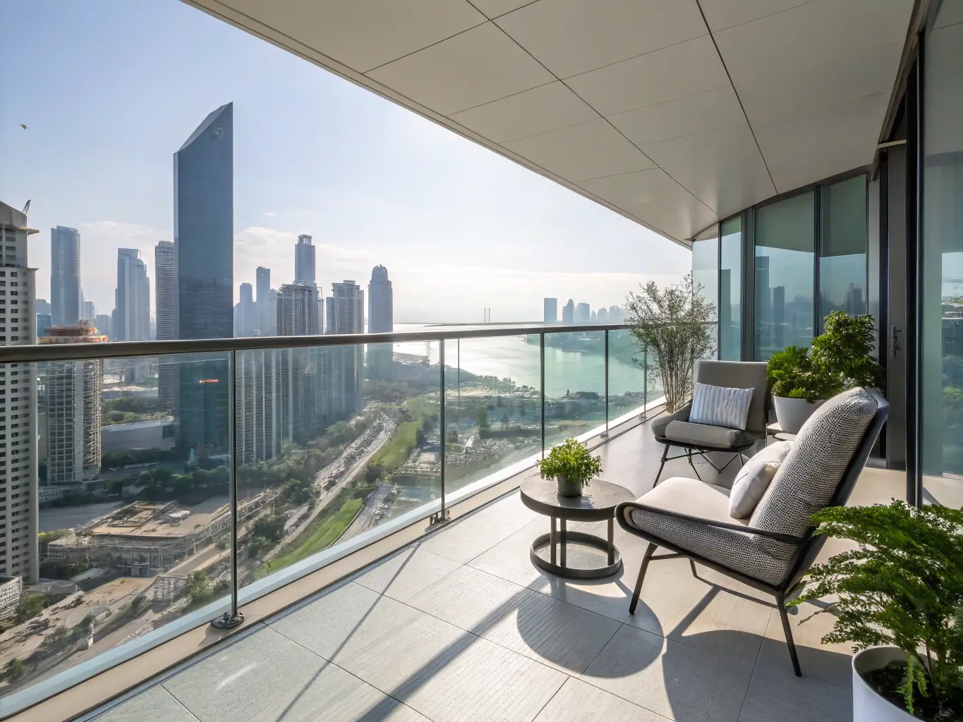 A high-angle shot of a newly waterproofed balcony with modern outdoor furniture, showcasing a clean and dry surface, emphasizing the effectiveness of Enviro Aqua Shield's balcony waterproofing services.