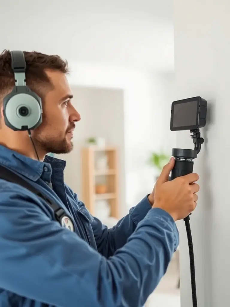 An image of a technician using specialized equipment to detect a leak in a bathroom, highlighting Enviro Aqua Shield's leak detection capabilities.