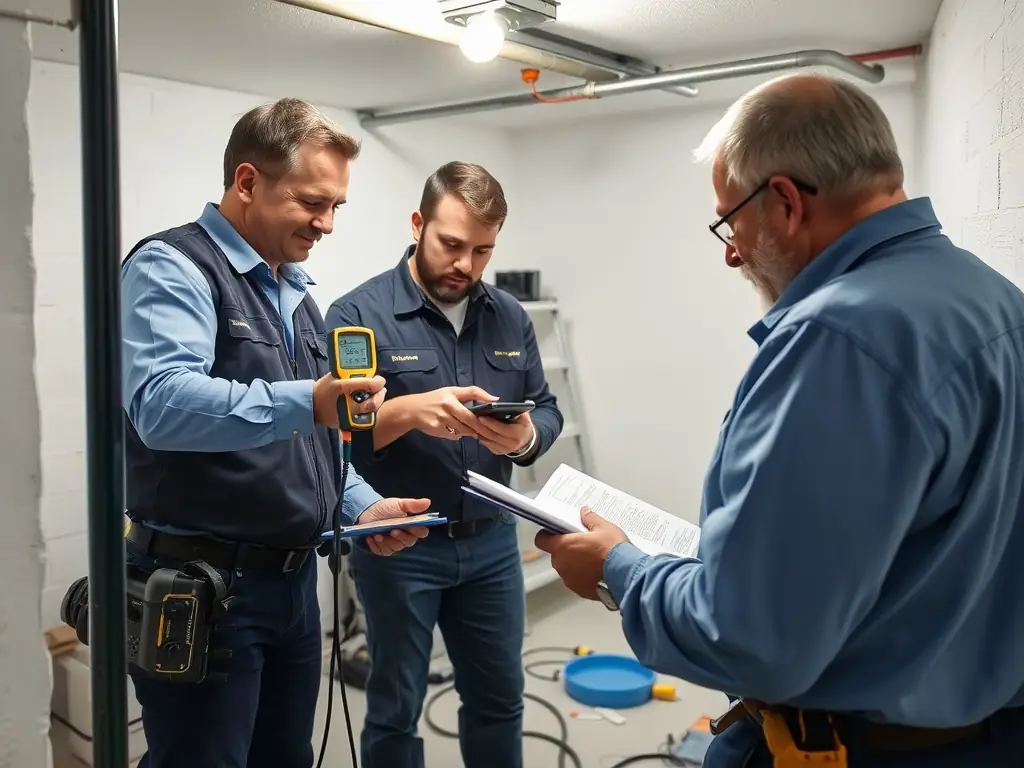 A team of Enviro Aqua Shield technicians inspecting a basement waterproofing project, showcasing their attention to detail and expertise in identifying potential water ingress points.