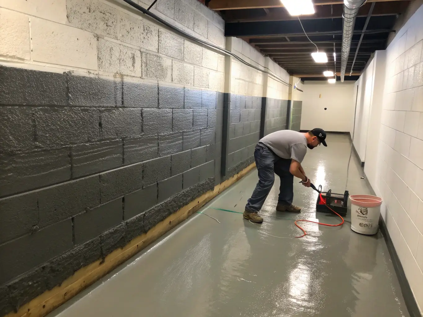 A close-up shot of a basement wall being treated with a waterproofing sealant, showcasing the process of preventing water ingress in underground structures by Enviro Aqua Shield.