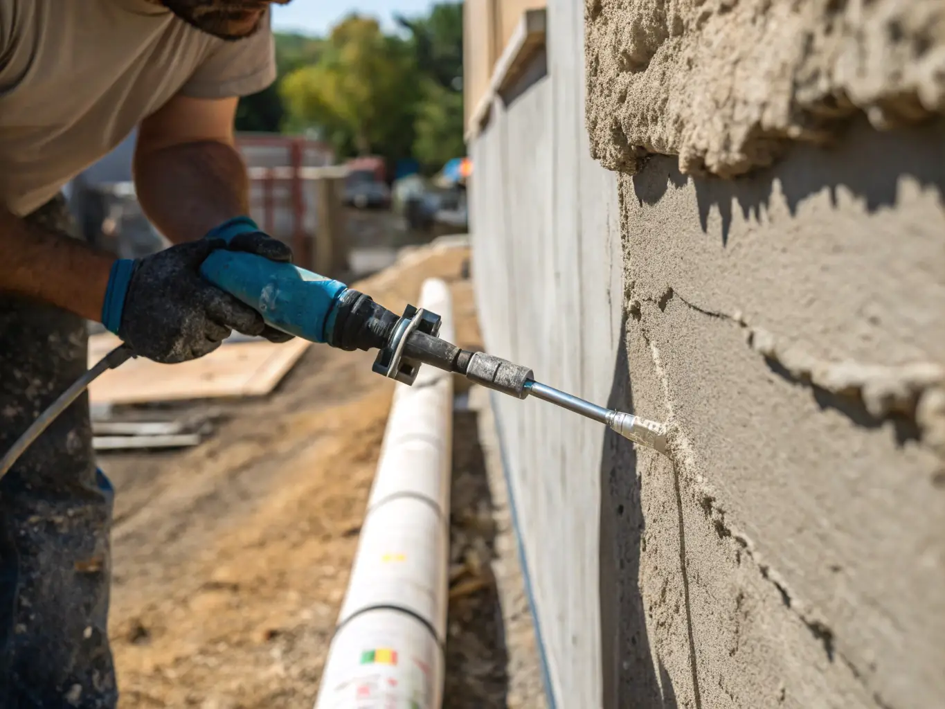 A close-up shot of a technician injecting epoxy into a concrete crack to seal it and prevent water ingress. The image shows the precision and care taken during the repair process.