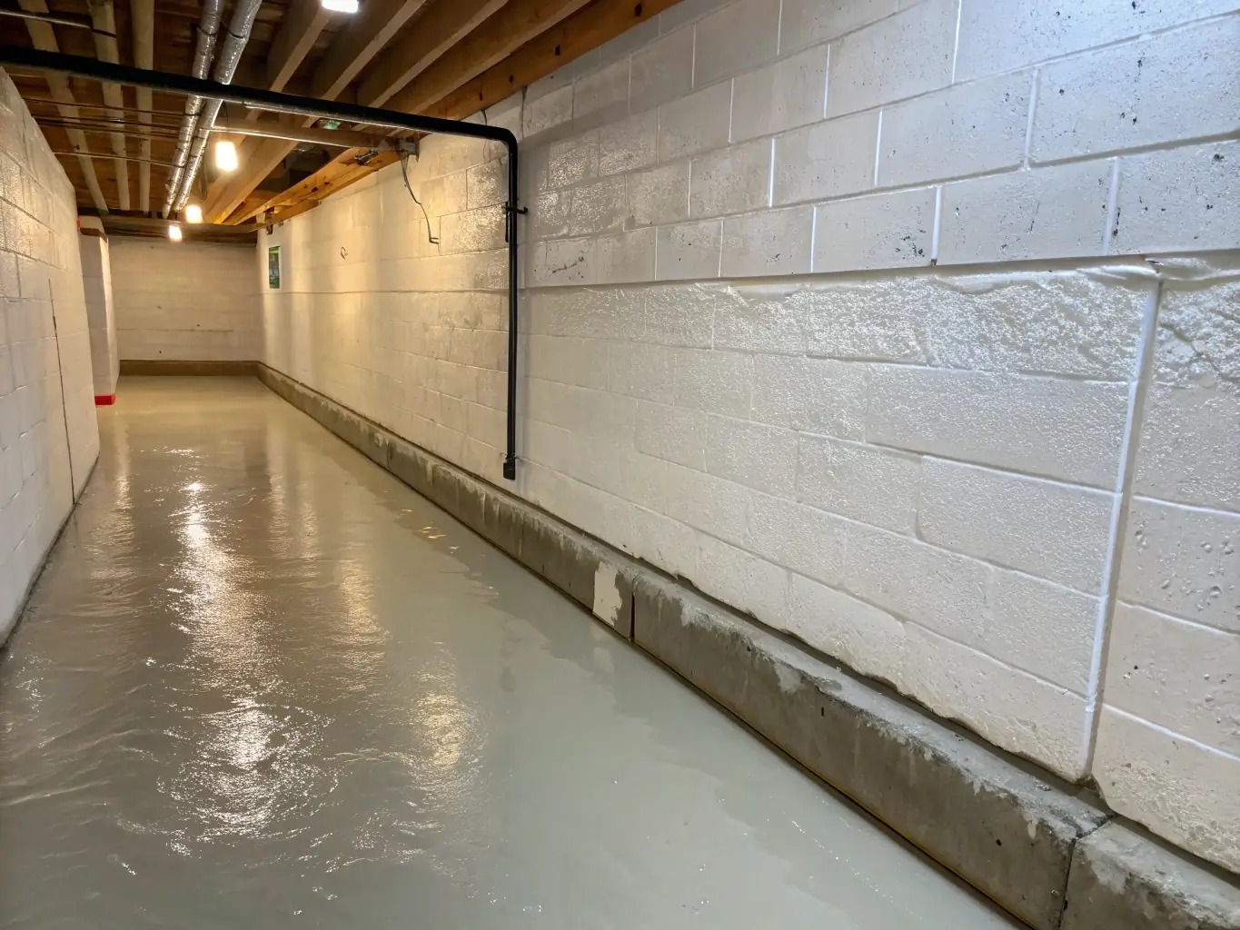 A detailed shot of a basement waterproofing project, showcasing the application of a waterproof membrane to the interior walls of a basement under construction, with visible water table level.