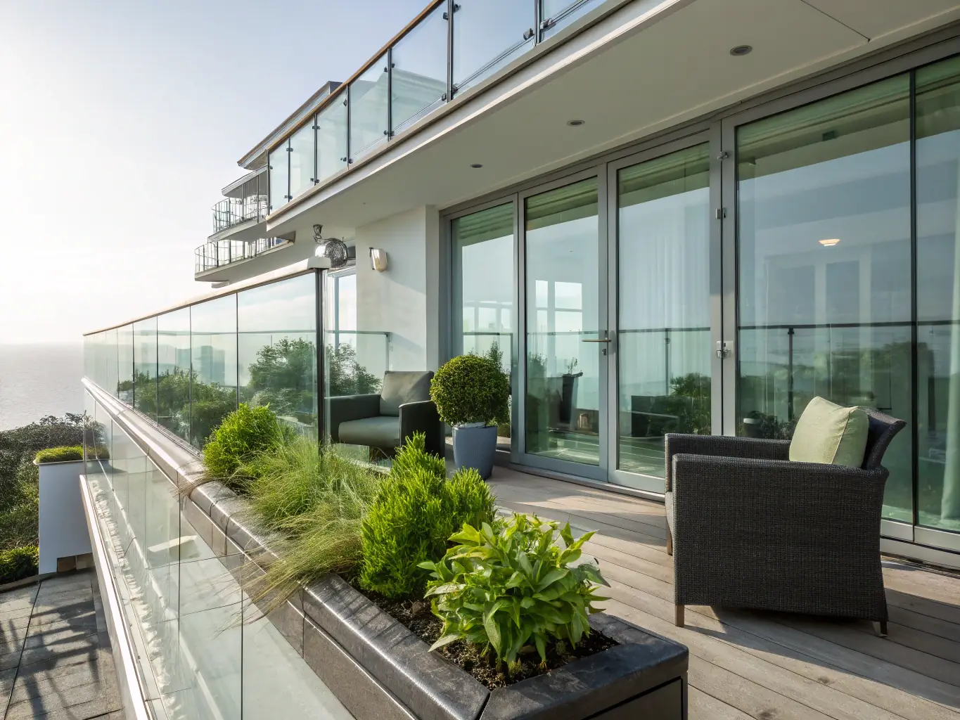 A modern residential home with a focus on the balcony, showcasing a newly applied waterproofing membrane. The image should convey quality and durability.