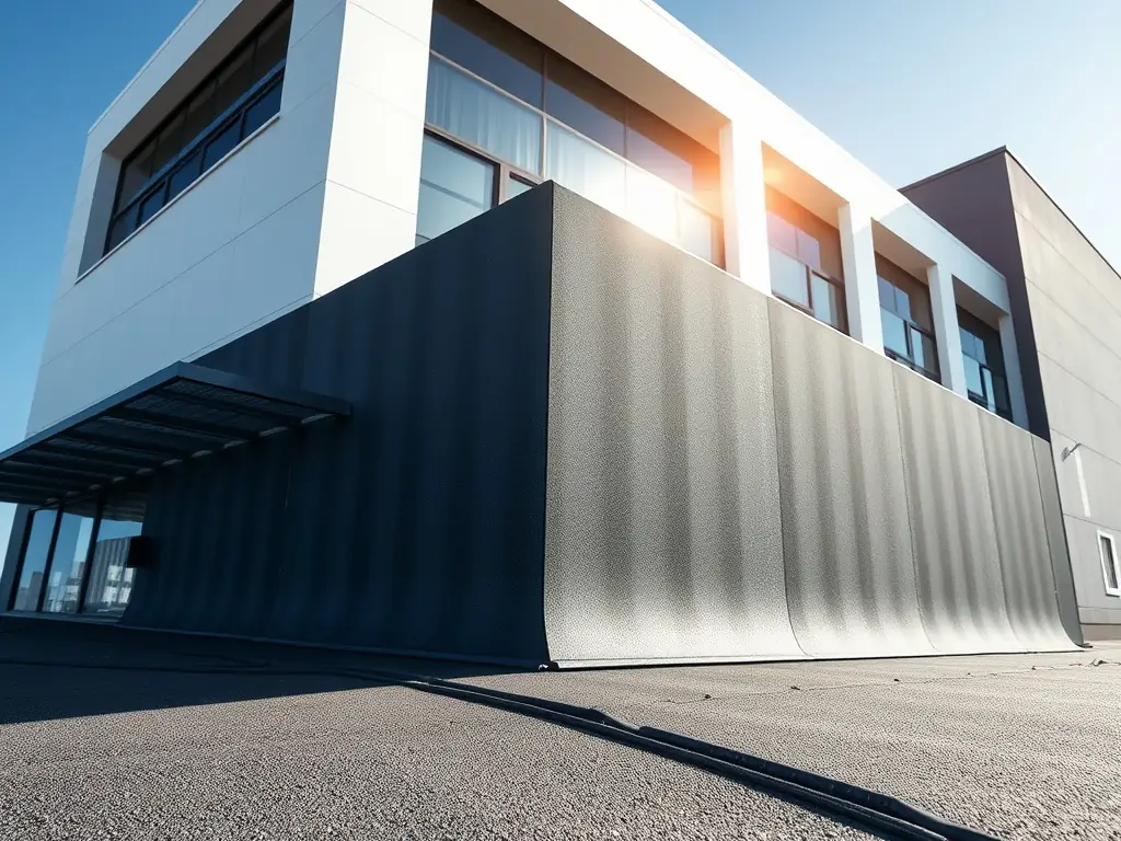 An image of a commercial building's rooftop being waterproofed, with workers applying a seamless membrane, highlighting Enviro Aqua Shield's expertise in commercial rooftop waterproofing.