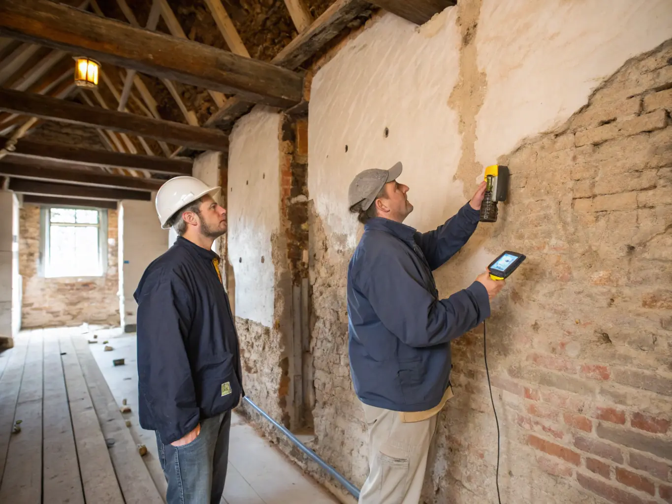 A photograph illustrating the process of rising damp treatment in a residential building, showing the application of specialized solutions to prevent moisture from rising through the walls.