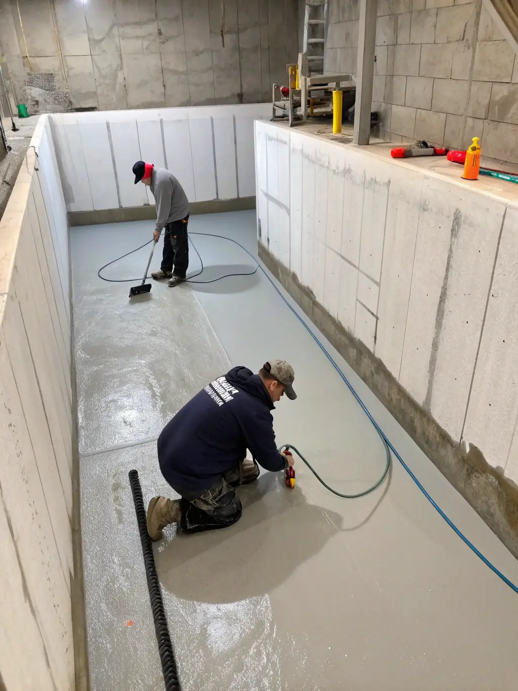 A close-up shot of a basement waterproofing system being installed, showcasing the materials and techniques used to prevent water ingress. The image should highlight the technical aspects of the service.