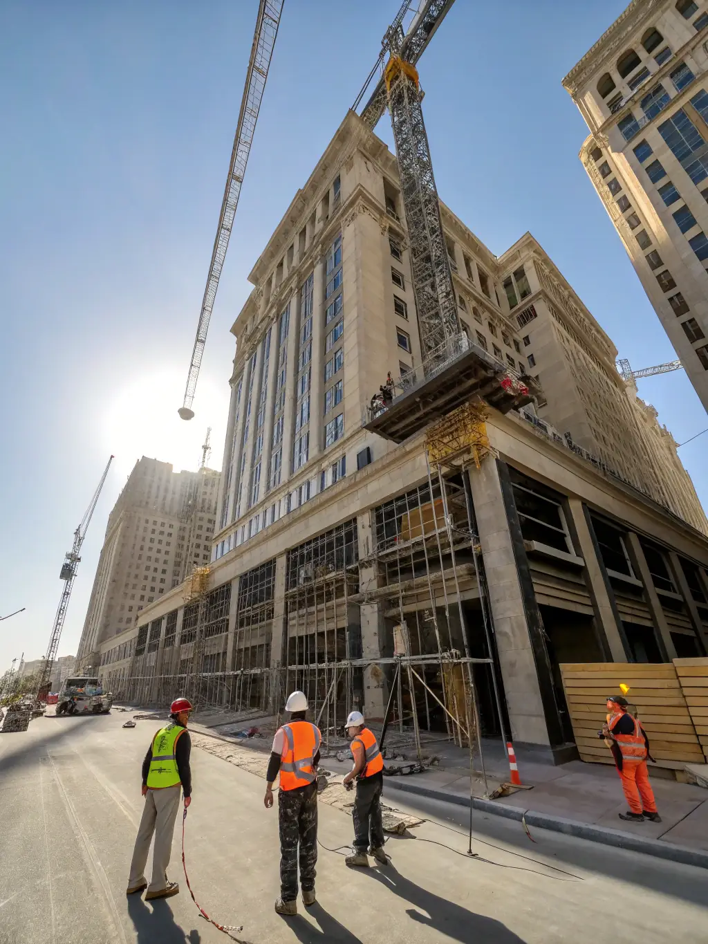 A wide shot of a commercial building undergoing membrane restoration, with Enviro Aqua Shield's team working on the rooftop, showcasing their expertise in large-scale projects.
