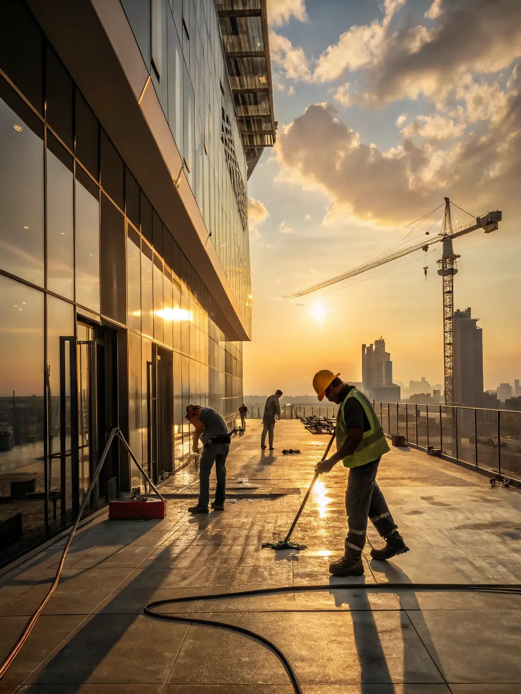 A high-rise building with workers applying waterproofing to the rooftop and balconies. The image should convey the height and complexity of the project.